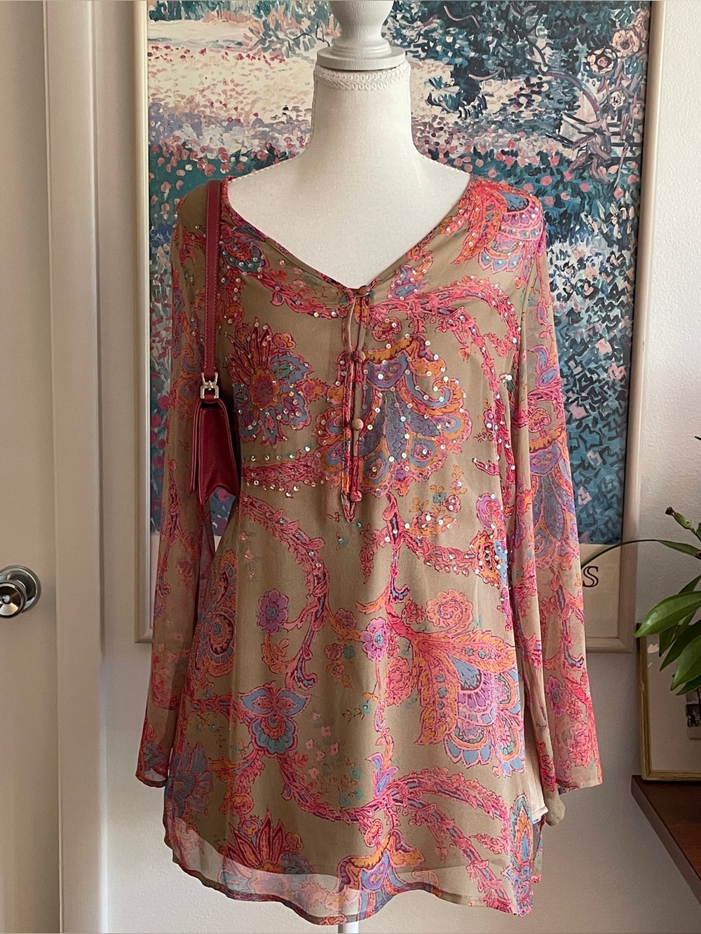 Vintage Silk Tunic Top Women’s Small Paisley Sequins Bell Sleeves Fairy Boho